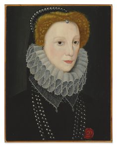 an old painting of a woman in black and white with pearls on her head, wearing a lace collar