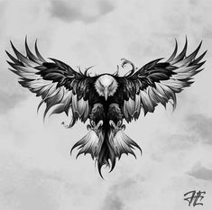 a black and white drawing of an eagle flying through the air with wings spread out