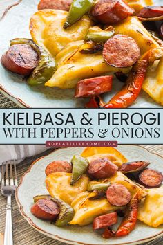 kelbbasa and pierogi with peppers and onions on a white plate