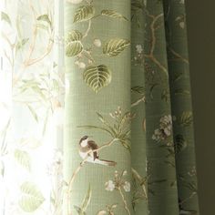 a bird sitting on top of a green curtain next to a window