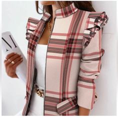 Women's Casual Zip Up Jacket Outwear Office Stand Up Neck Blazer Coat Sz S Nwot Casual Stand Collar Blazer For Office, Spring Plaid Outerwear For Office, Casual Plaid Outerwear For Office, Blazer Casual, Ruffle Long Sleeve, Print Coat, Womens Blazers, Looks Chic, Blazer Outfits