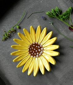 a yellow flower sitting on top of a cement floor next to green leaves and flowers