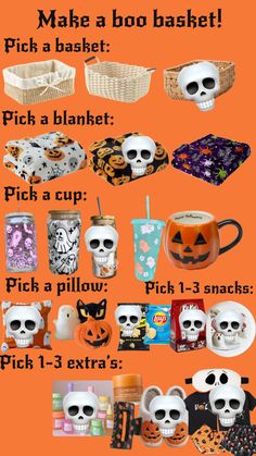 a bunch of halloween items that are in different colors and sizes on an orange background