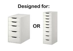 two white drawers are shown with the words designed for or above them and below it