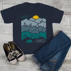 Kids Happy Camper T Shirt Sunset Shirts Camping Tee Nature Tshirt Wanderlust Clothing by ShirtsBySarah on Etsy https://www.etsy.com/listing/600840306/kids-happy-camper-t-shirt-sunset-shirts Cotton T-shirt With Funny Print For Outdoor Activities, Graphic Tee For Camping With Graphic Print, Graphic Tee With Graphic Print For Camping, Screen Print Graphic Tee For Camping, Funny Print T-shirt For Outdoor Activities, Graphic Tee With Text Print For Camping, Casual T-shirt With Funny Print For Outdoor Activities, Outdoor Cotton T-shirt With Funny Print, Adventure Graphic Print Crew Neck Camp Shirt