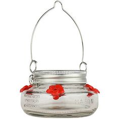 a glass jar filled with water and red flowers