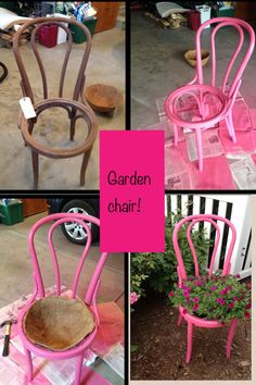 three pictures of pink chairs with the words garden chair painted on them and flowers in pots