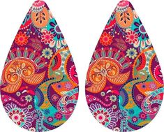 two colorful tear shaped earrings with floral designs on them