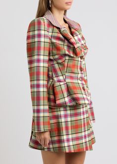 Long Description#Info & Care# Vivienne Westwood wool blazer Tartan weave, notched lapels, contrasting striped collar, padded shoulders, button-fastening cuffs, draped gathered design, two gathered slip pockets, back vent, fully lined Asymmetric button fastenings through front 100% wool; lining: 100% viscose Dry clean #Size & Fit# Length shoulder to hem: 23.5 inches/ 59.5cm Midweight Slim fit, flared hem Model is 5'9"/ 175cm and wears a size IT40 Cocktail Essentials, Winter Essentials, Tailored Jacket, Wool Blazer, Vivienne Westwood, Tartan, Party Dress, Coats Jackets, Dry Clean