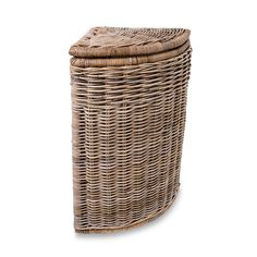 an empty wicker basket with lid on a white background