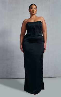 Black Long Corset Dress, Plus Size Corset Outfits, Corset Dress Plus Size, Plus Size Corset Dress, Leslie Sidora, Corset Plus Size, Black Satin Corset, Gala Outfits, Black Corset Dress