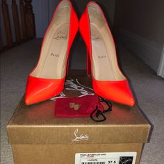 Excellent Condition Worn Twice Designer Orange Pointed Toe Heels, Designer Orange Heels With Pointed Toe, Orange Heels With Red Sole And Round Toe, Louboutin Shoes, Christian Louboutin Shoes, Shoes Women Heels, Christian Louboutin, Limited Time, Shoes Heels