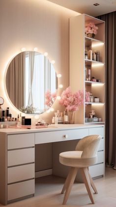 a dressing table with a mirror, stool and flowers on it in front of a window