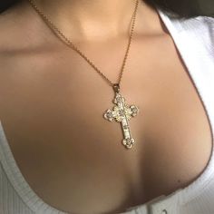 This jewelry gift for her features a big gold cross necklace pendant, making it a thoughtful Christian necklace ideal for Mother's Day, complete with a cross charm, perfect for those who appreciate meaningful accessories. 𝐃𝐄𝐓𝐀𝐈𝐋𝐒:  ⭐️ Necklace lengths available: 14" 16" 18" 20" ⭐️ Pendant size is 2" ⭐️ Material of cross pendant is gold plated and necklace chain itself is gold stainless steel. ⭐️This gold cross pendant shines beautifully as well as the detailed necklace, elegantly made as Cross Necklaces, Gothic Cross, Necklace Gothic, Christian Necklace, Detailed Necklace, Gold Cross Necklace, Cross Chain, Gold Cross Pendant, Religious Jewelry