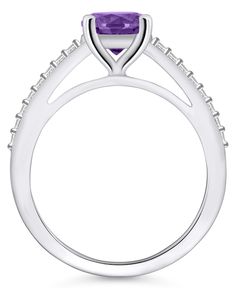 A beautiful 7mm round amethyst sparkles in this classic ring, with diamonds along the band to complete the look. Fine Jewelry Amethyst Diamond Ring With Prong Setting, Amethyst Diamond Ring With Prong Setting, Purple Amethyst Ring With Diamond Prong Setting, Purple Diamond Ring With Prong Setting, Purple Diamond Ring With Vvs Clarity, Fine Jewelry Amethyst Ring, Marquise Cut, Amethyst Round Cut Ring With Diamond Accents For Promise, Purple Diamond Ring With Diamond Accents, Purple Diamond Ring With Accents, Round Cut