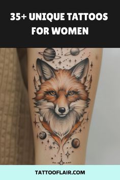 a woman's leg with tattoos on it and the words, 35 unique tattoos for women