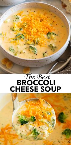 broccoli cheese soup in a white bowl with a spoon on the side and an image of it being eaten