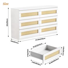 white dresser with drawers and measurements for each drawer