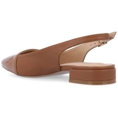 The Bertie low-block heel flats from Journee Collection will be the perfect shoe to take you from the office to a nice evening out to dinner. Their luxe vegan patent leather padded footbed sling back strap buckled ankle strap two-tone design and pointed toe will give you that classy yet casual look to compliment your outfit. To keep it simple their pull-on closure will make them easy to slip on and off as you rush to your next event. Chic Block Heel Flats For Office, Chic Office Flats With Block Heel, Flat Heel Slingback Pumps For Office, Low Heel Flats With Heel Strap For Office, Office Flats With Heel Strap And Low Heel, Formal Flat Heel Slingback Pumps, Formal Flat Heel Slingback Sandals, Elegant Flat Slingback Pumps For Office, Brown Low Heel Slingback Pumps For Party