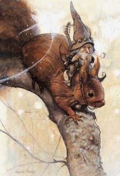 an image of a squirrel riding on the back of a tree branch with a wizard hat