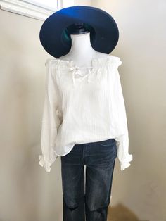 White Cotton Peasant Top With Ruffles, White Ruffled Cotton Peasant Top, White Off-shoulder Top With Ruffles For Day Out, White Ruffled Off-shoulder Top For Day Out, Chic Cotton Off-shoulder Top For Fall, Feminine Off-shoulder Cotton Top, Spring Cotton Off-shoulder Top With Ruffles, Cotton Off-shoulder Top With Ruffles, Feminine Cotton Peasant Top For Brunch