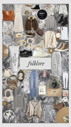 a collage of clothes and accessories with the words folklore written in white on it