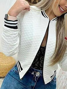 White Crew Neck Outerwear For Spring, White Crew Neck Stretch Outerwear, White Stretch Outerwear For Spring, Chic White Stretch Outerwear, Chic Stretch White Outerwear, White Fitted Crew Neck Outerwear, Long Sleeve Outerwear, Zipper Shorts, Casual Outerwear