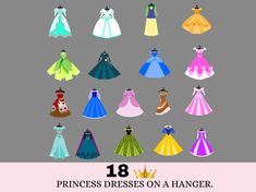 Princess Dress SVG files, including 18 layered dresses, are perfect for gifts and party decorations, featuring Cinderella's blue and pink dresses, Ariel's Wedding, Pink, Peasant, and Mermaid dresses, as well as dresses of Snow White, Mérida, Tiana, Rapunzel, Pocahontas, Mulan, Moana, and Jasmine. Elsa and Anna's Coronation dresses, along with Belle and Aurora's dresses, are also available. These can be used to create party decorations, cake toppers, shirts, banners, and more. If additional file types are needed, please inform me. The 3D princess dresses are designed for easy assembly, adorable in appearance, and can be quickly made with a Cricut or silhouette cutting machine, or simply printed and cut out. They measure 5-6 inches in height and fit on 8 x 11-inch paper. An ungrouped file fo Coronation Dresses, Ariel Pink Dress, Anna Coronation Dress, Layered Dresses, 3d Princess, Disney Princess Svg, Anna Coronation, Ariel Wedding, Coronation Dress