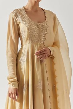 Beige cotton mal anarkali with floral resham embroidery, mirror highlights. Paired with a scallop trimmed pant and dupatta with scattered buttis. - Aza Fashions Churidar Sleeves, Embroidery Mirror, Resham Embroidery, Chanderi Suits, Embroidery Floral, U Neck, Churidar, Pants Pattern, Pant Set