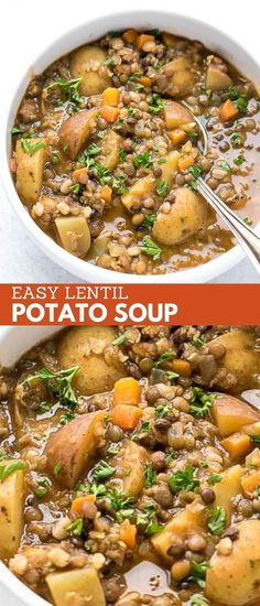 two bowls filled with lentula and potato soup