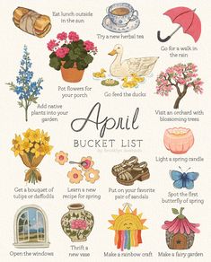 an illustrated poster with flowers and other things to do in the spring or fall season