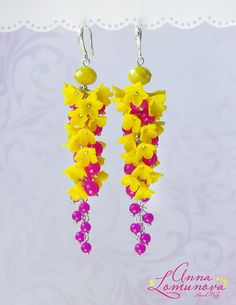 Yellow Pink Earring gift Summer Flower Jewelry Girlfriend gift Summer Dangle Earrings With Flower Decoration, Dangle Flower Earrings With 3d Flowers For Gifts, Gift Flower Dangle Earrings With 3d Flowers, Summer Gift Earrings With 3d Flowers, Summer 3d Flowers Earrings For Gift, Summer Handmade Flower Jewelry For Gifts, Yellow Handmade Flower Earrings, Flower Shaped Earrings For Summer Gifts, Flower-shaped Earrings For Summer Gifts