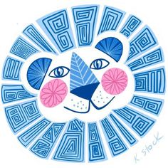 a drawing of a lion's face in blue and pink