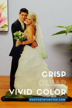 a bride and groom posing for a photo on their wedding day with the words crisp clear vivid color