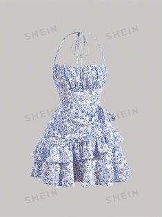 Free Returns ✓ Free Shipping✓. SHEIN MOD Floral Print Ruffle Trim Tie Backless Ruched Bust Layered Halter Summer Short Dress- Women Mini Dresses at SHEIN. Short Sundress, Blue Flower Dress, Cute Dress Outfits, Short Summer Dresses, Mini Cami Dress, White Floral Dress, Cute Summer Dresses, Hoco Dresses, Dresses For Teens