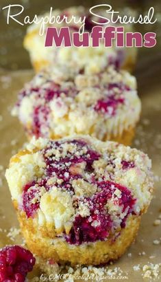 raspberry crumb muffins on a cutting board with the title above it