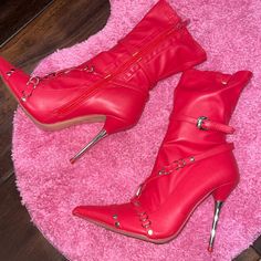 Uk5= Us7, Fit True To Size, Buckle Design, Rly Sexy Neon Boots, Public Desire Shoes, Public Desire, Stiletto Boots, Knee High Leather Boots, High Heels Stilettos, Metal Rings, Cute Shoes, Dance Wear