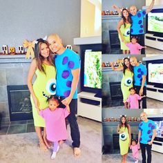 the family is posing for pictures together in front of the television screen with their stuffed animals