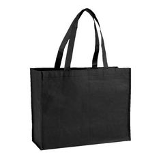 a black tote bag on a white background with the handles down and one side open