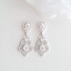 the bride's earrings are adorned with swarong crystals