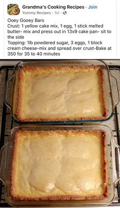 two baking pans filled with food sitting on top of a stove next to each other