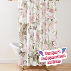 a shower curtain with pink flowers on it and the words support independent artists above it