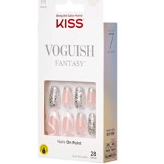 New! Kiss Voguish Fantasy, Press On Nails, Fashspiration, Silver, Medium Coffin, 28 Count - Glue Included Nails Wear For Up To 7 Days Waterproof, Smudge Proof, & No Dry Time Needed Diy Nail Kit Contains 28 Fake Nails, Pink Gel Nail Glue Net Wt. 2 G (0.07oz.), Prep Pad, Mini File, And Manicure Stick Fantasy French, Kiss Products, Pink Gel Nails, Kiss Nails, Fantasy Nails, Gel Glue, Pink Gel, Brown Nails, Kiss Makeup