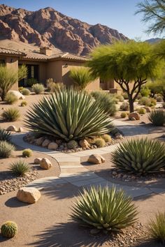 an outside view of a house with mountains in the back ground and cactus bushes on the side