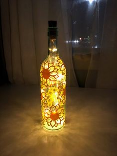 Sunflower Wine Bottle, Wine Bottle Lights, Door Table, Mason Jar Vases, Bottle Decor, Lighted Wine Bottles, Light String, Battery Lights, Wine Bottle Decor