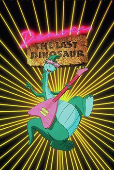 a cartoon character playing a guitar in front of a neon sign that says,'the last dinosaur '