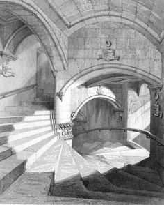 a pencil drawing of stairs leading up to a tunnel