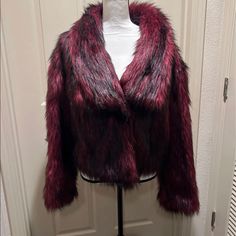 Red Magenta And Black Faux Fur Jacket Has Two Black Buttons In Great Condition, Never Worn. Size Small Red Faux Fur Coat For Fall, Red Fur Coat With Faux Fur Trim For Fall, Red Faux Fur Outerwear For Fall, Red Faux Fur Long Sleeve Outerwear, Chic Red Faux Fur Outerwear, Outfits For The Cold, Red Fur Coat, Black Faux Fur Jacket, Red Fur