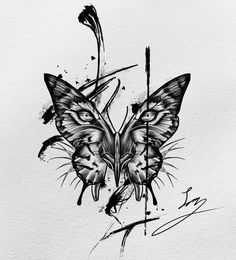 a black and white drawing of two butterflies on a piece of paper with ink splots