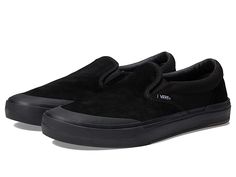 Vans BMX Slip-On - Men's Shoes : Black/Black : Ready for your next wild cycle, the Vans BMX Slip-Ons are designed for an exceptional performance without neglecting comfort or support. DURACAP underlays reinforce the shoe for a durable daily wear on your bike. Slip-on construction with exposed gore. Suede leather upper with contrast stitching, canvas quarter panel and collar. Sock-like textile lining and PopCush insoles provide comfort and support, with custom energy return for continued wear. Cl Vans Slip On Pro Toe Cap, Black Bmx, Vans Slip On Pro, Mens Shoes Black, Shoes Vans, Sneakers Athletic, Vans Slip On, Mens Vans, Vans Shoes